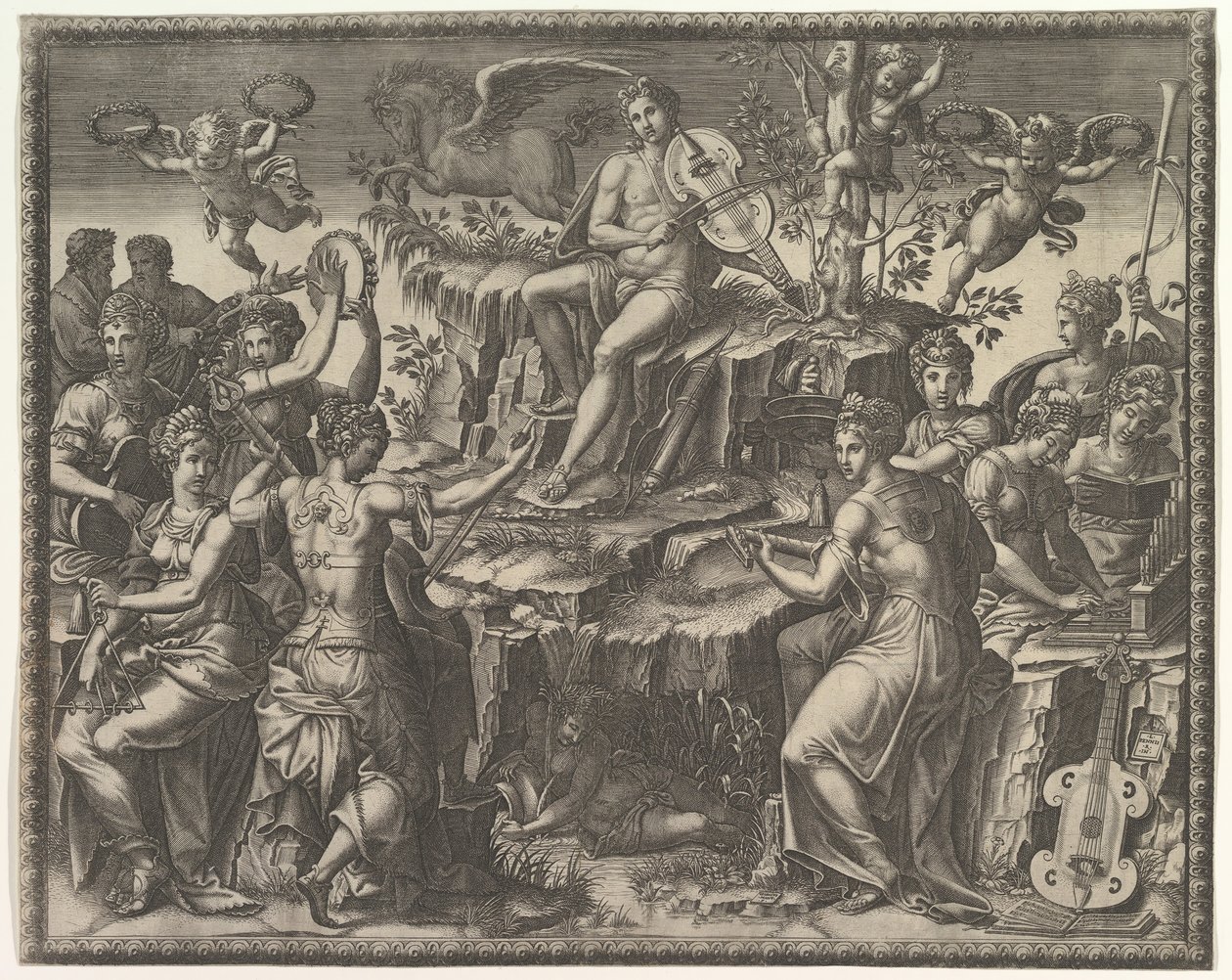 Apollo en de Muzen door Giorgio Ghisi