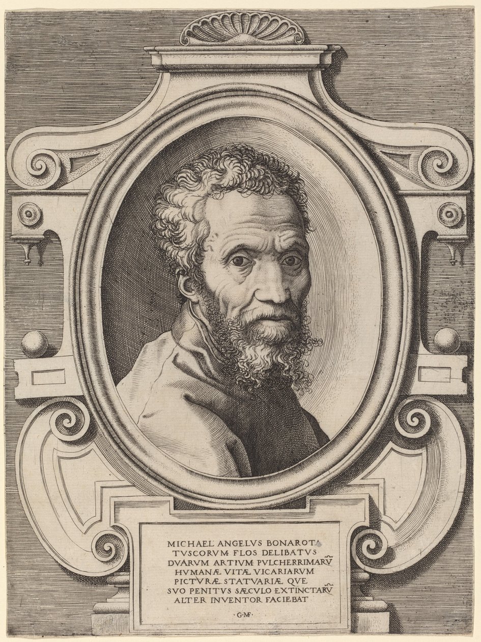 Michelangelo Buonarroti door Giorgio Ghisi, after Marcello Venusti