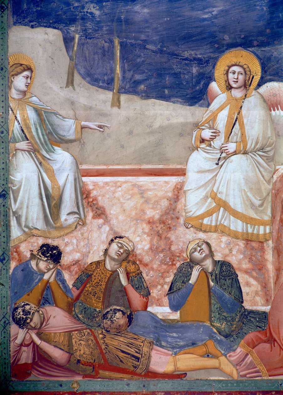 Noli Me Tangere, of de Verschijning van Christus aan Maria Magdalena, detail van het graf, engelen en slapende soldaten, 1303-05 door Giotto di Bondone