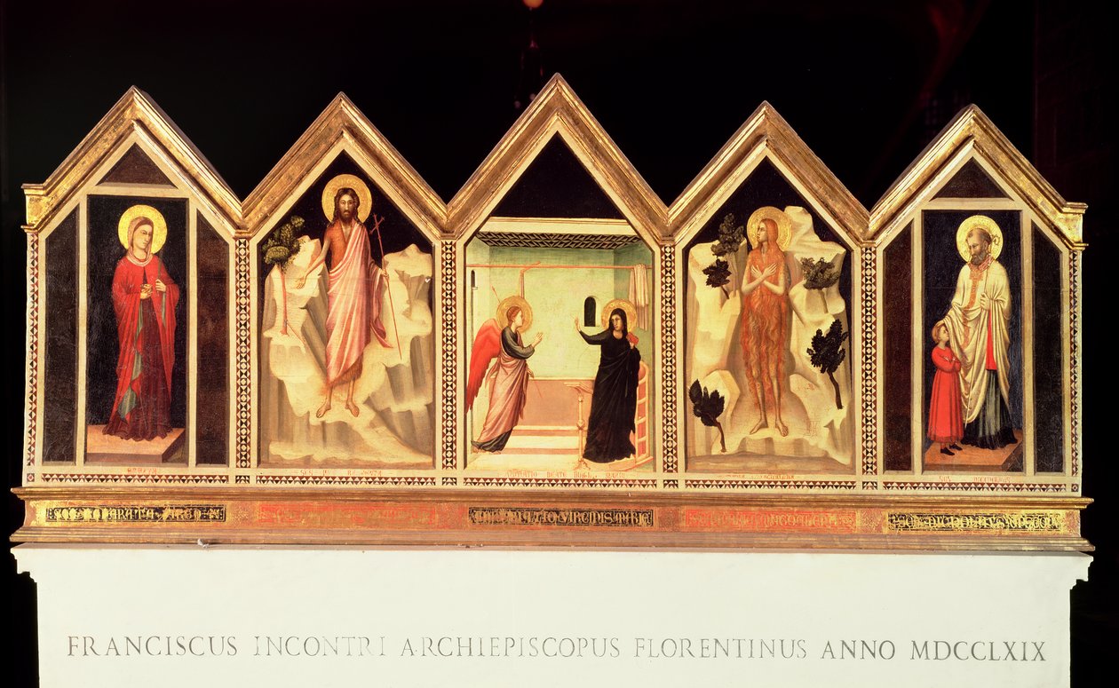 St. Reparata Polyptych, L tot R: St. Reparata, St. Johannes de Doper, Annunciatie, onbekende heilige, St. Nicolaas (achterkant) door Giotto di Bondone