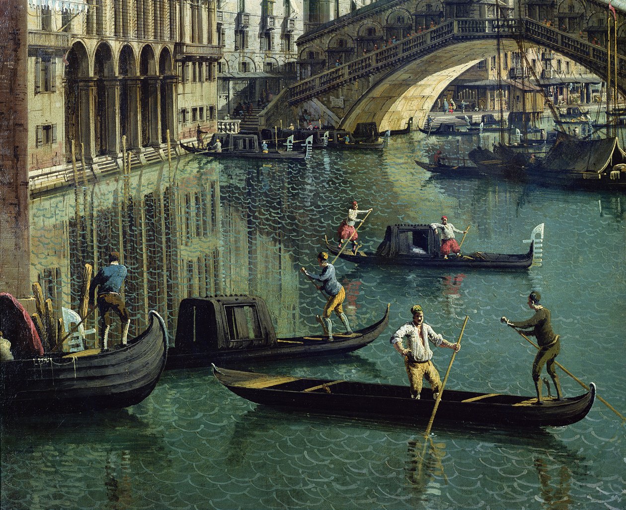 Gondeliers bij de Rialtobrug, Venetië (detail) door Giovanni Antonio Canal