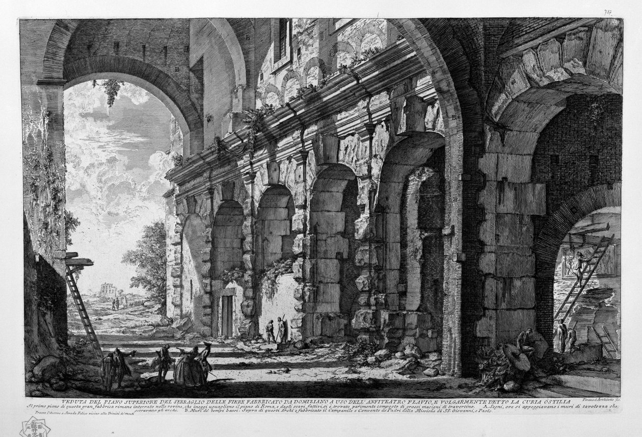 Veduta van de bovenverdieping van het dierenverblijf gebouwd door Domitianus voor het Flavische amfitheater, algemeen bekend als de Curia Ostilia door Giovanni Battista Piranesi