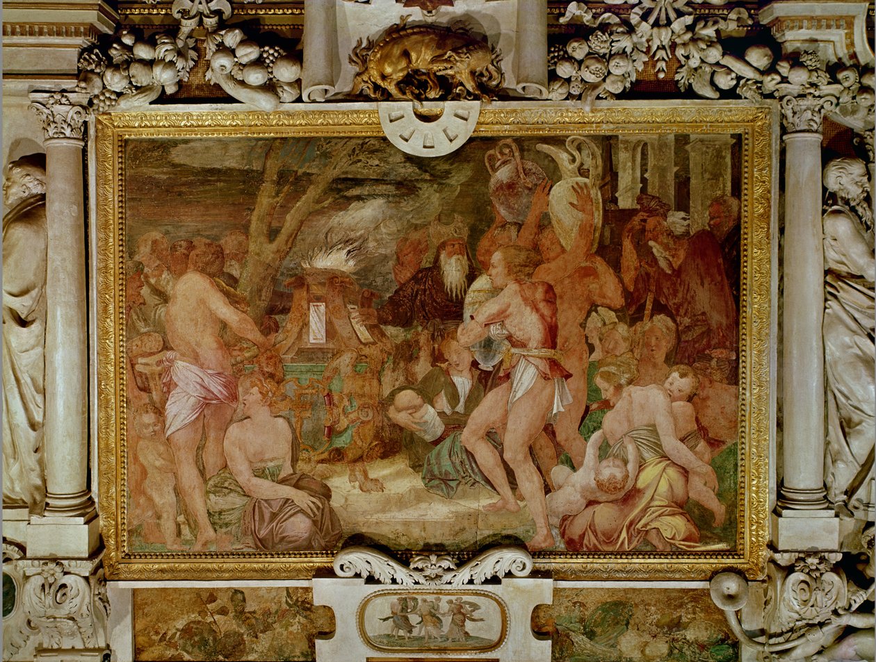 De Catanaeaanse Tweeling, Anapias en Amphinamus bij het Offeraltaar, detail van het decoratieve schema in de Galerij van Frans I, 1535-40 door Giovanni Battista Rosso Fiorentino