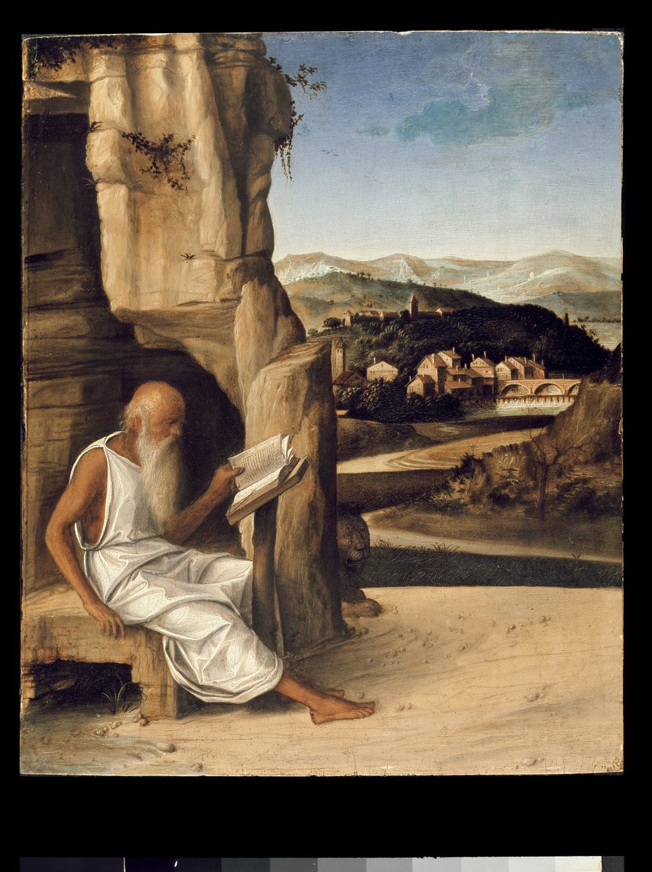 St. Hiëronymus lezend in een landschap door Giovanni Bellini