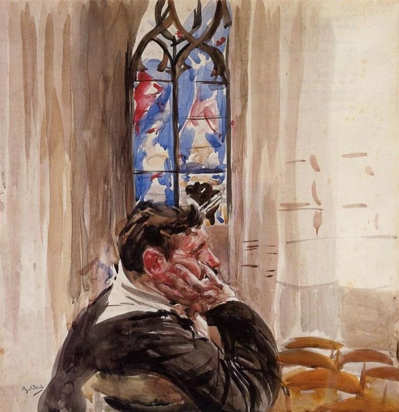 Portret van een man in de kerk door Giovanni Boldini
