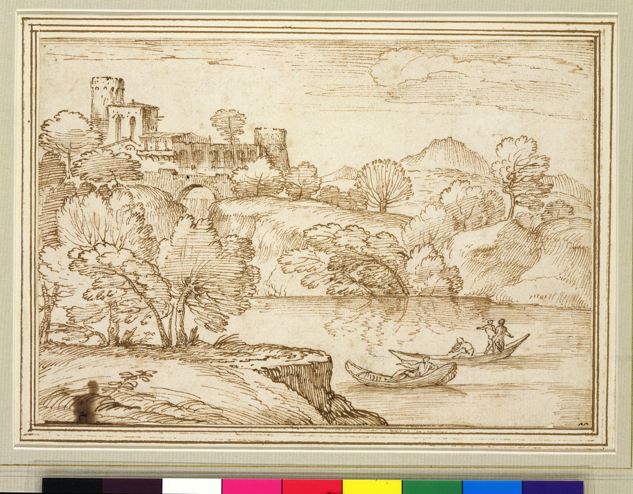 Klassiek landschap met boten op een meer onder een kasteel door Giovanni F. Grimaldi