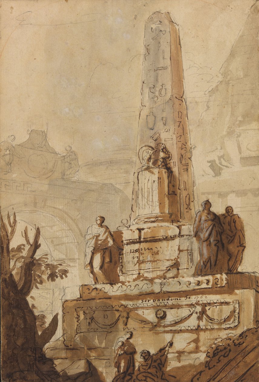 Egyptische obelisk in een landschap met ruïnes, een boog en een piramide door Giovanni Niccolo Servandoni