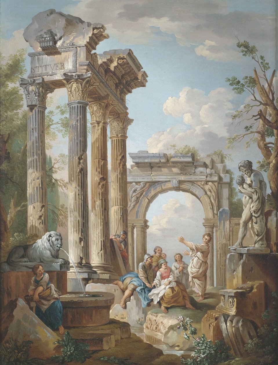 Preek van een apostel in Romeinse ruïnes door Giovanni Paolo Pannini