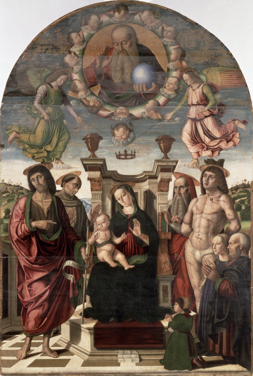 De Madonna en Kind op de troon met heiligen door Giovanni Santi or Sanzio