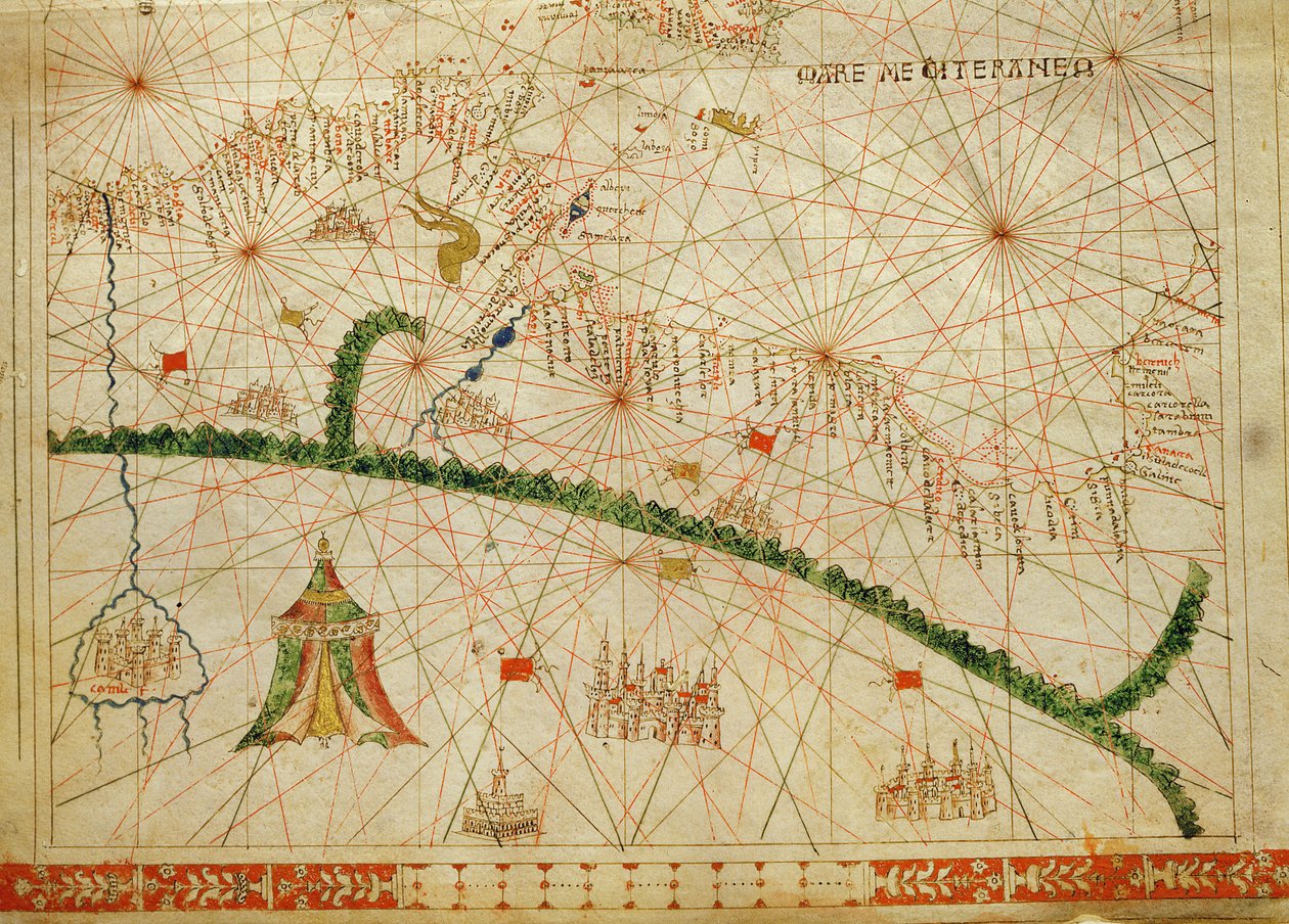 Noord-Afrika, uit een nautische atlas, 1520 (inkt op perkament) (detail) door Giovanni Xenodocus da Corfu