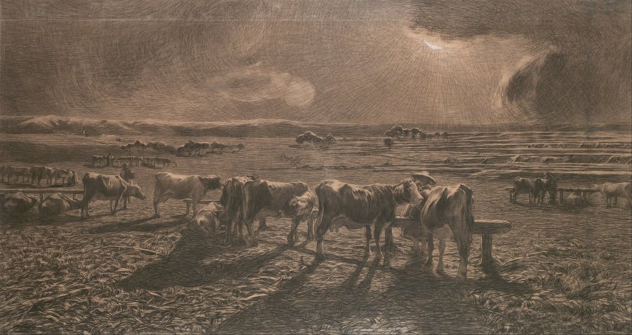 Avond (Grazing, Alla stanga) door Giovanni Segantini