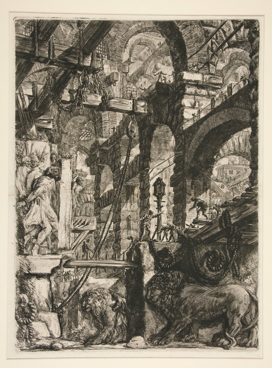 Carceri, V: De leeuwen bas-reliëfs door Giovanni Battista Piranesi