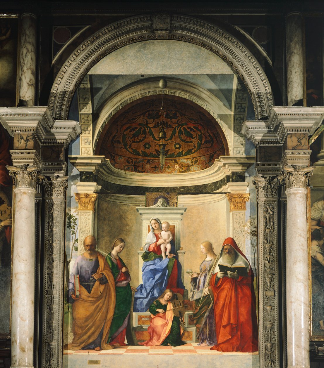 Madonna tussen vier heiligen (fresco) door Giovanni Bellini
