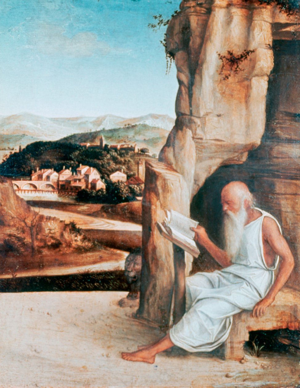 St. Hiëronymus lezend in een landschap door Giovanni Bellini