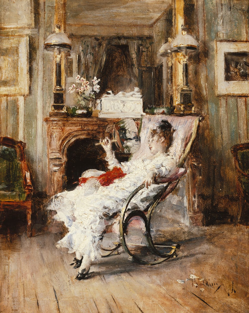 Een elegante dame met een waaier, 1874 door Giovanni Boldini