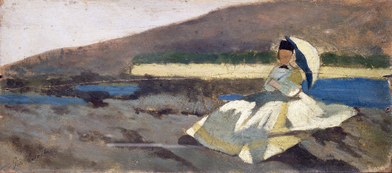Zittende dame in landschap door Giovanni Fattori