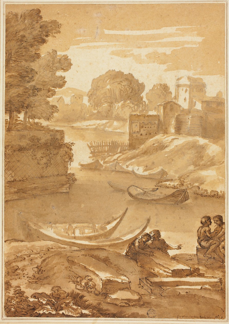 Figuren gezeten bij een rivier door Giovanni Francesco Grimaldi