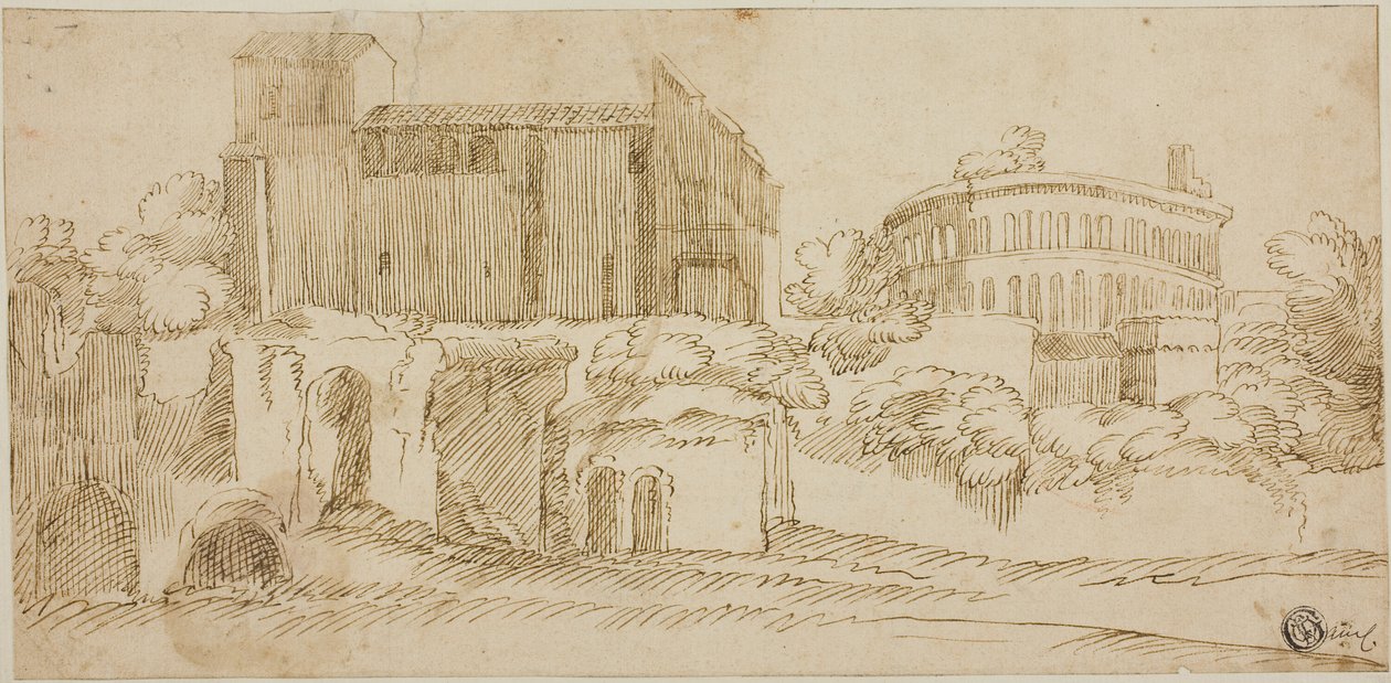 Uitzicht op kerk en ruïnes door Giovanni Francesco Grimaldi