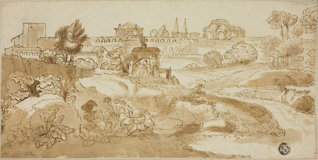 Gezicht op Rome, met via Appia door Giovanni Francesco Grimaldi