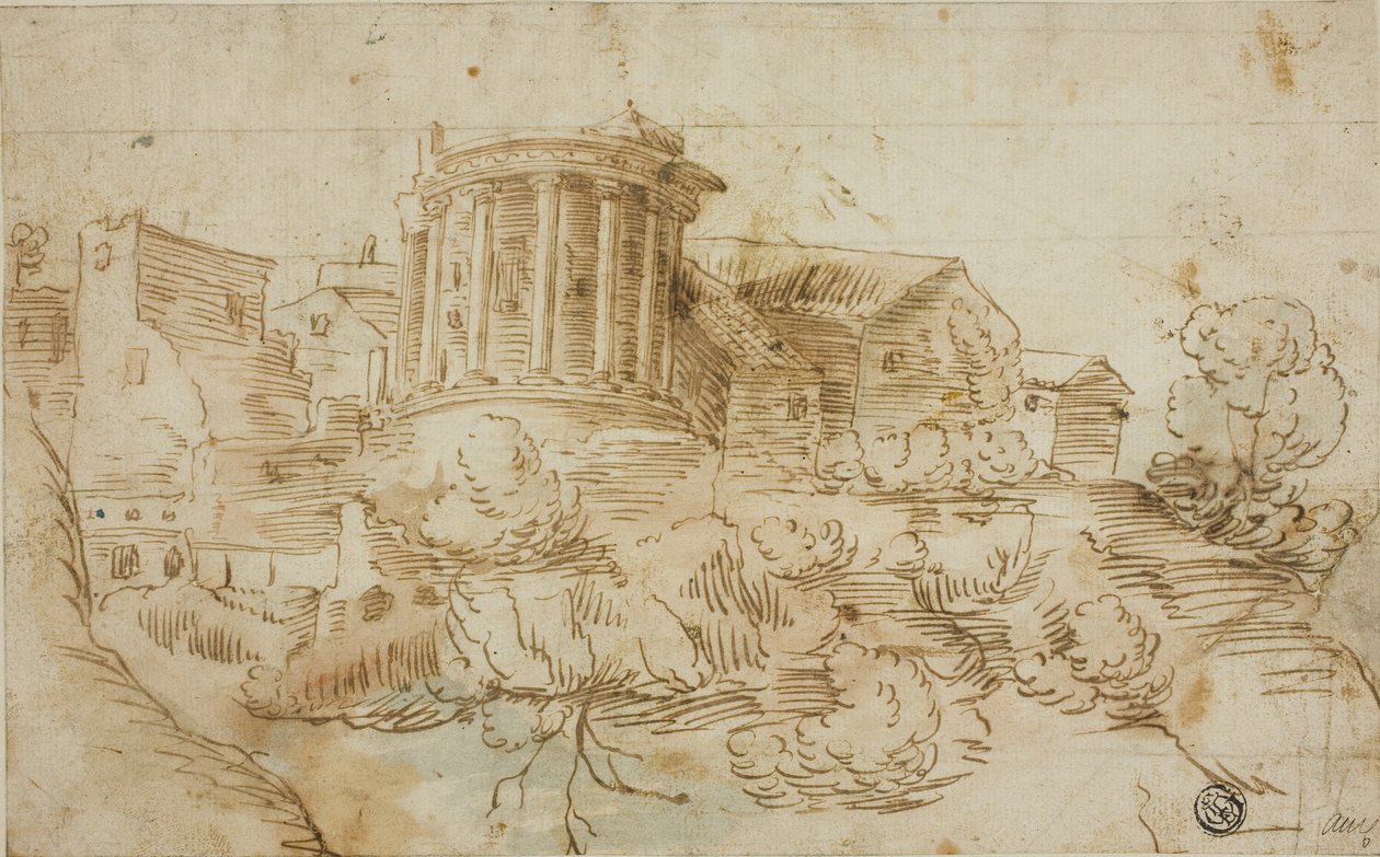 Uitzicht op Tempel van Vesta, Tivoli door Giovanni Francesco Grimaldi
