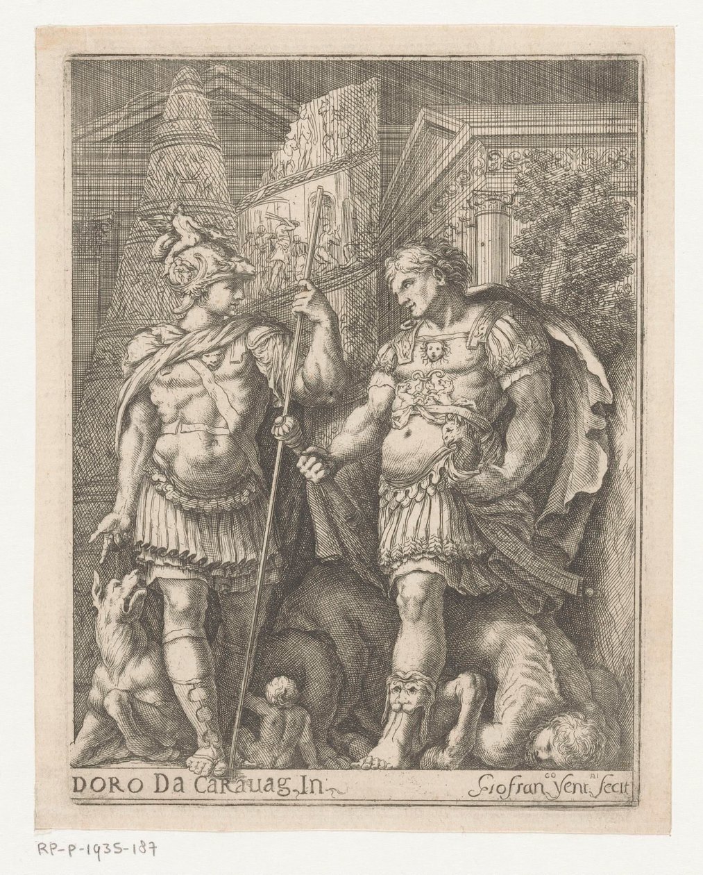 Twee soldaten in een stad door Giovanni Francesco Venturini