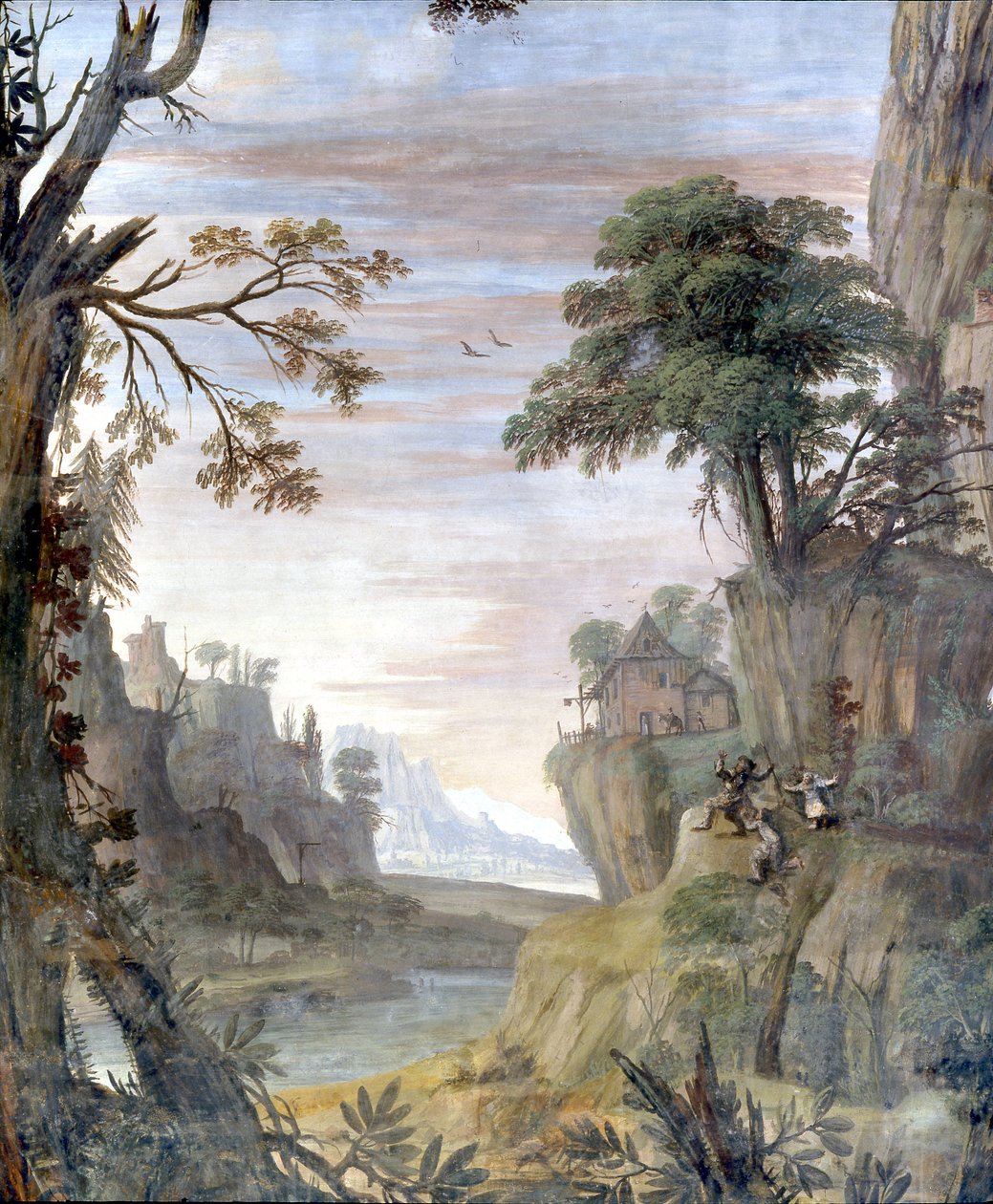 Rivier en landschap (detail) door Giovanni Ghisolfi