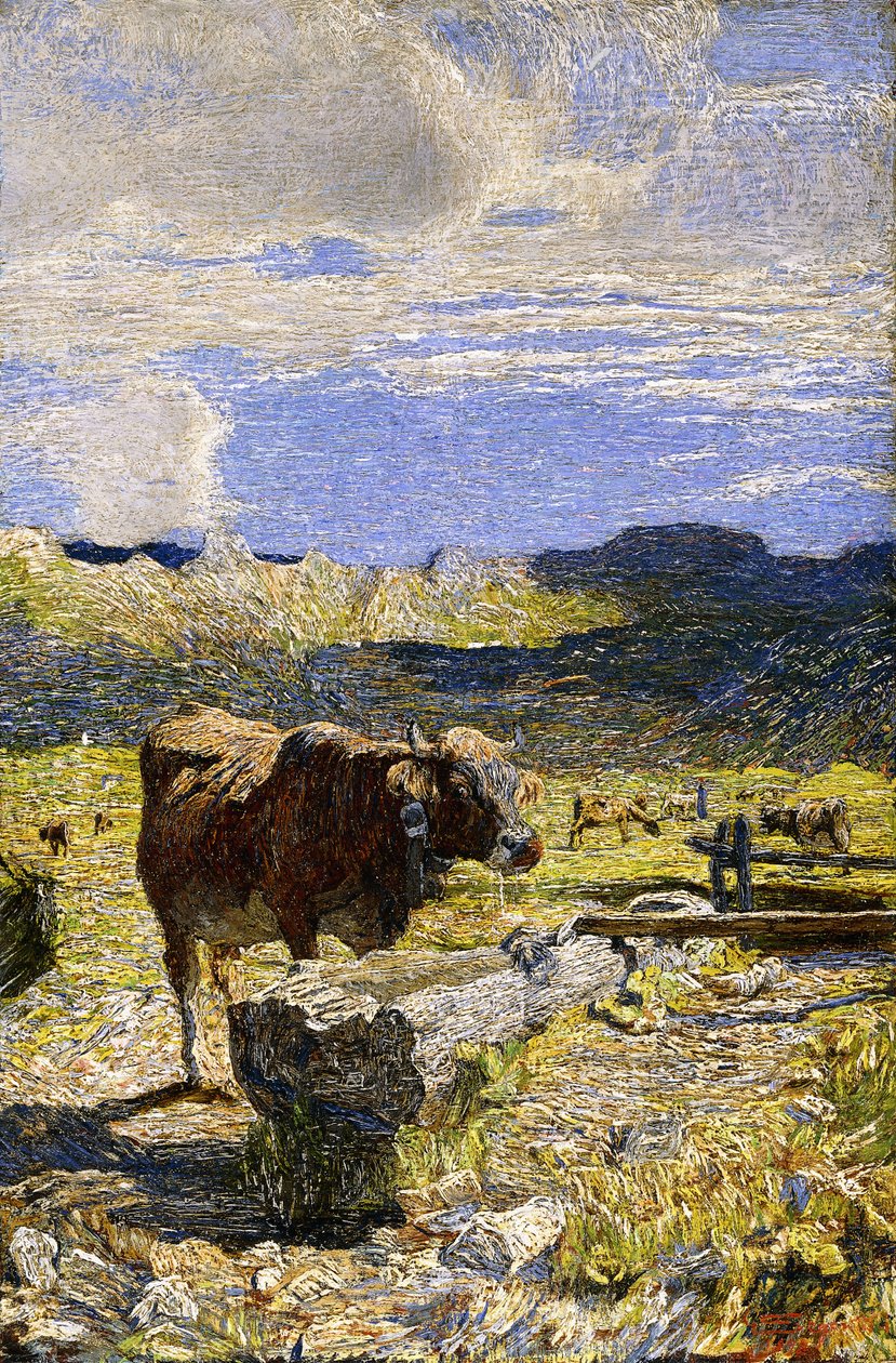 Bruine koe drinkend uit een trog, 1892 door Giovanni Segantini