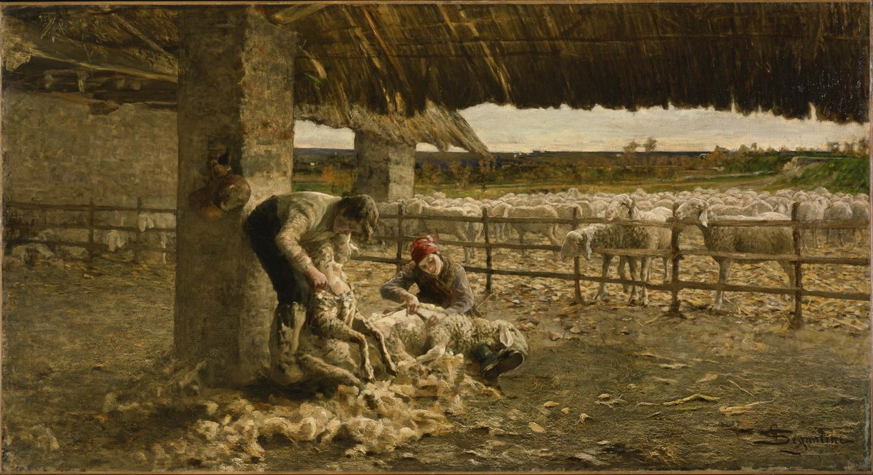 Het schapenscheren, 1883-1884 door Giovanni Segantini