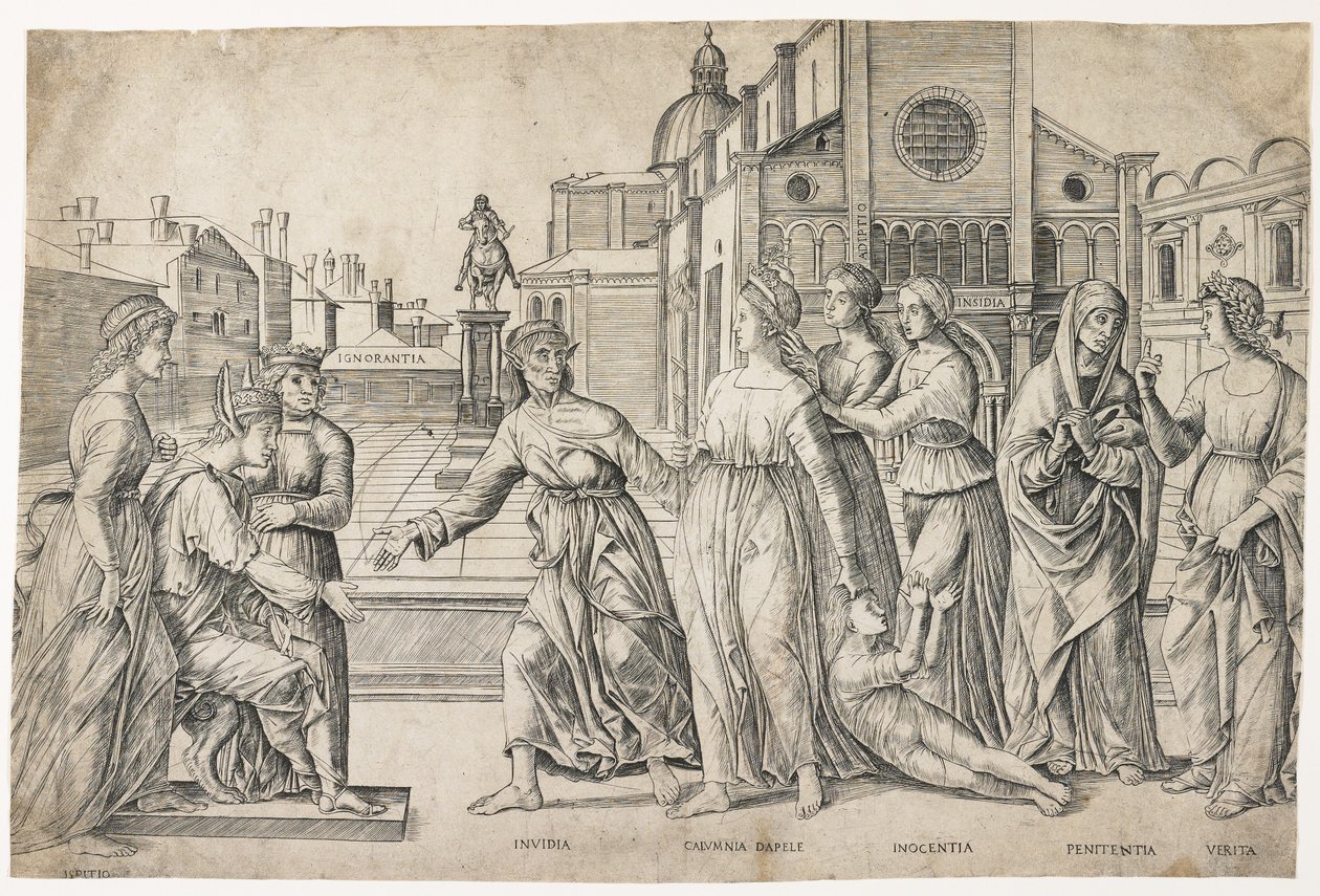 Laster van Apelles, c. 1500-1506 door Girolamo Mocetto