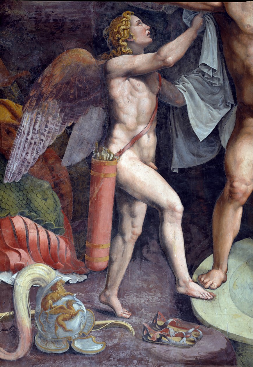 Mars en Venus baden, detail met Cupido die Mars helpt door Giulio Romano