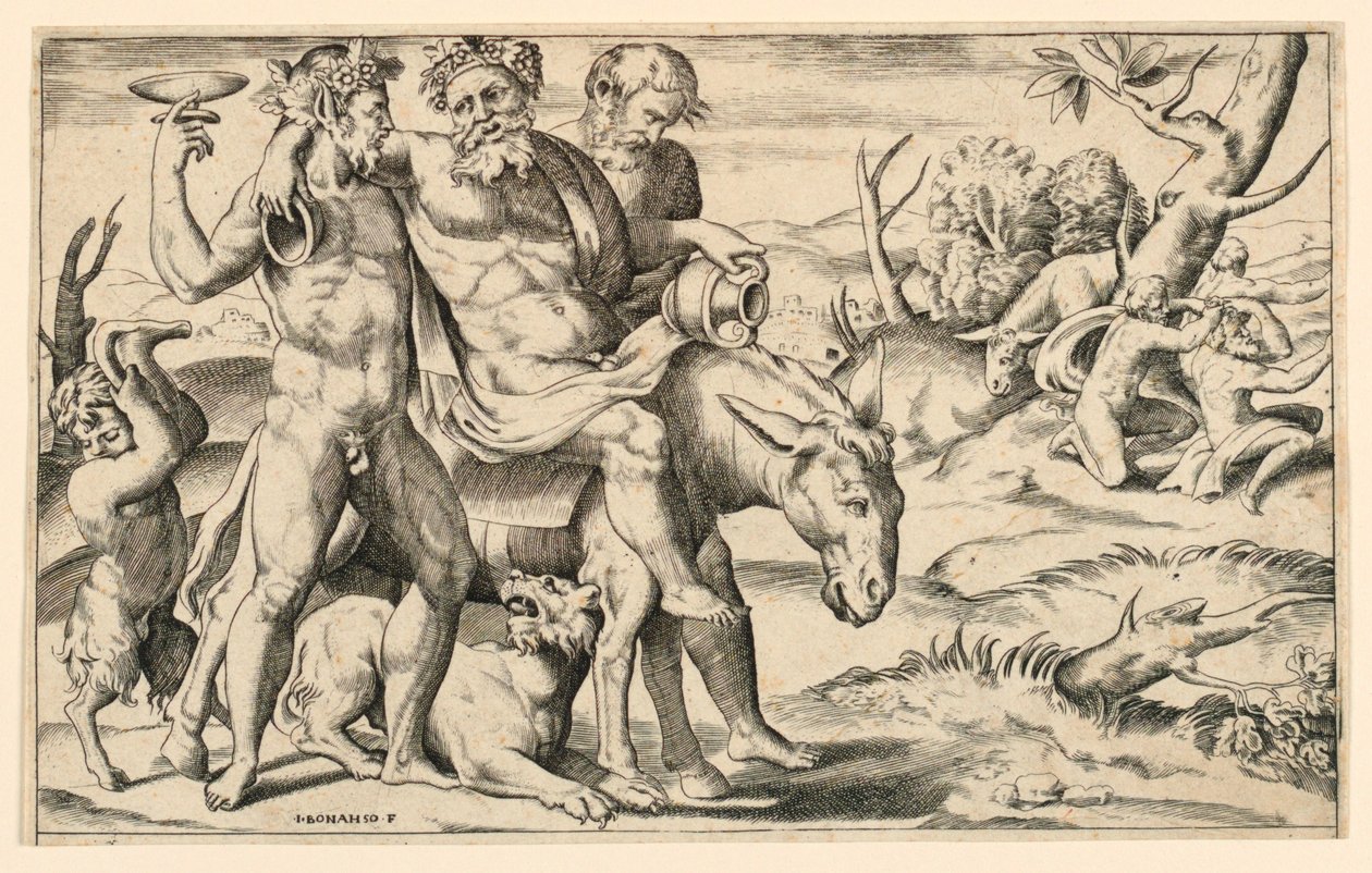Silenus rijdend op een ezel door Giulio Bonasone