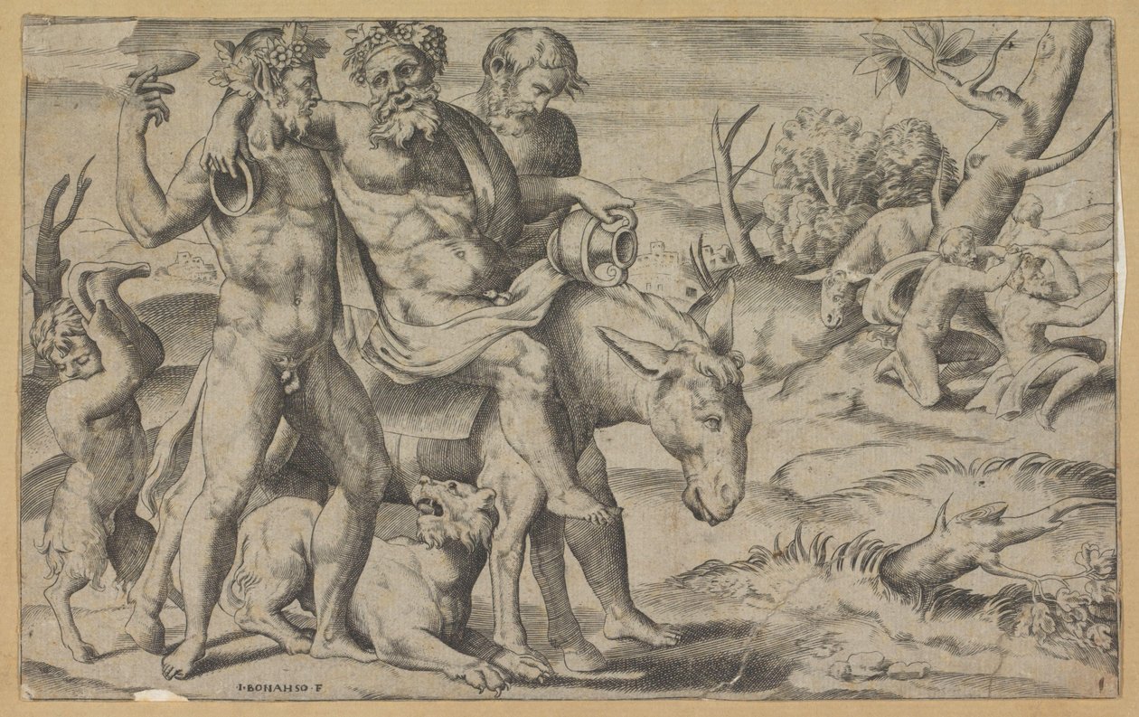 Silenus rijdend op een ezel door Giulio Bonasone