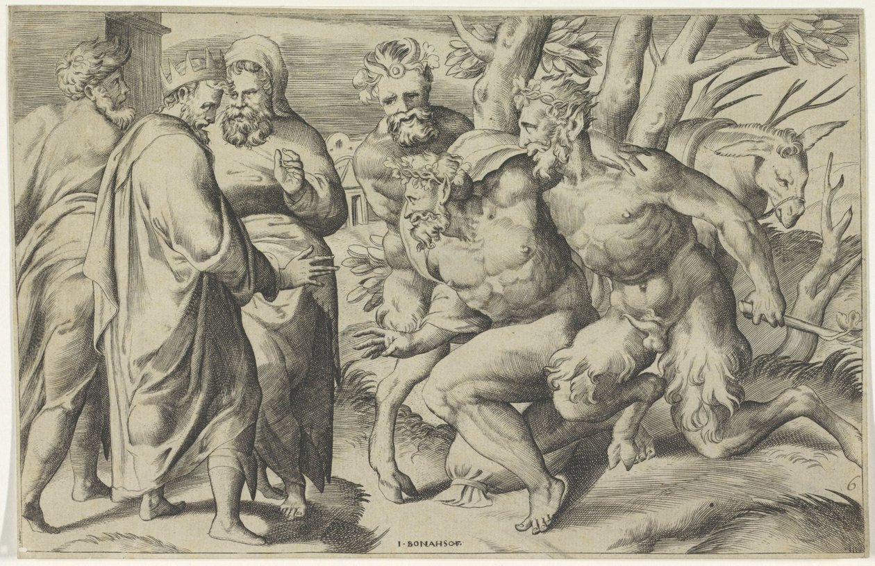 Twee saters brengen Silenus bij koning Midas door Giulio Bonasone