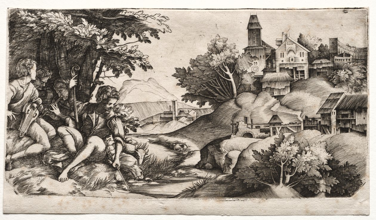 Herders in een Landschap door Giulio Campagnola
