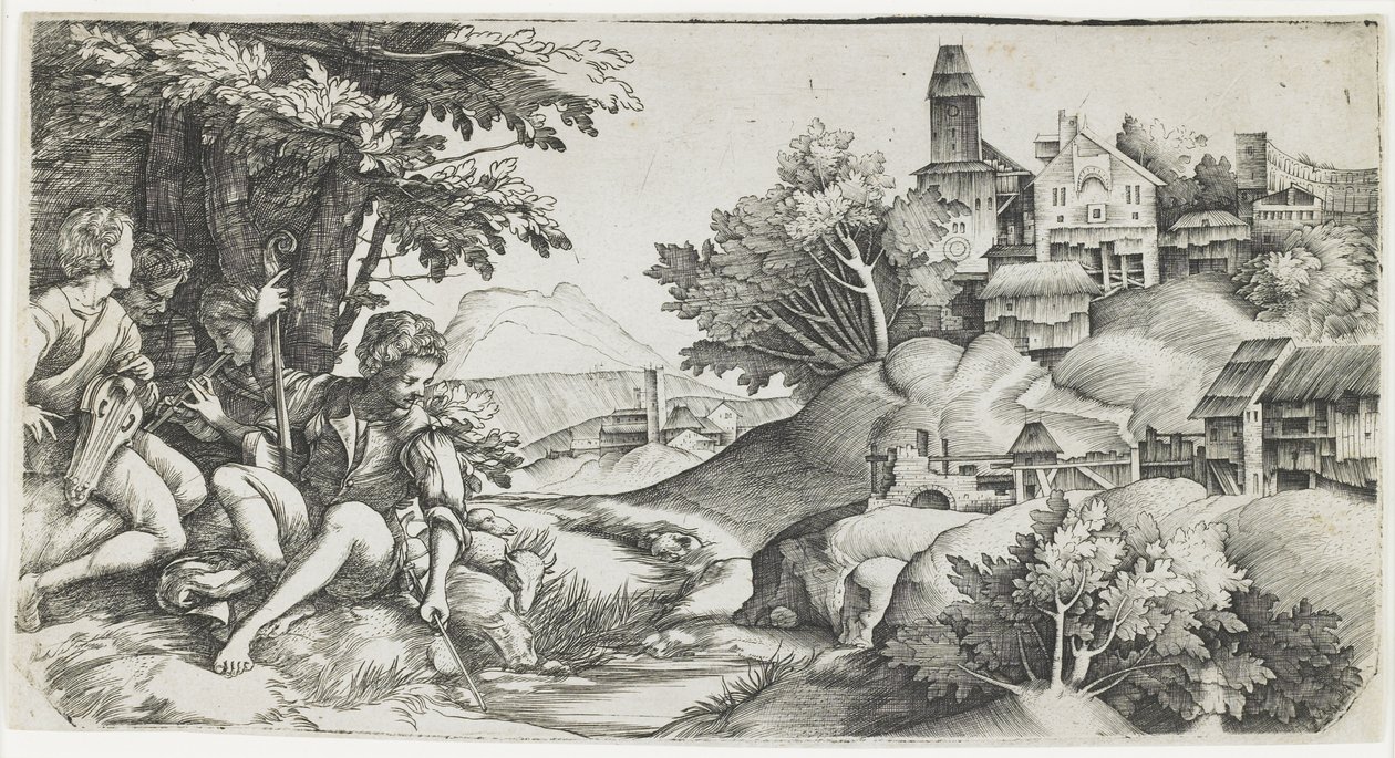 Herders in een landschap door Giulio Campagnola