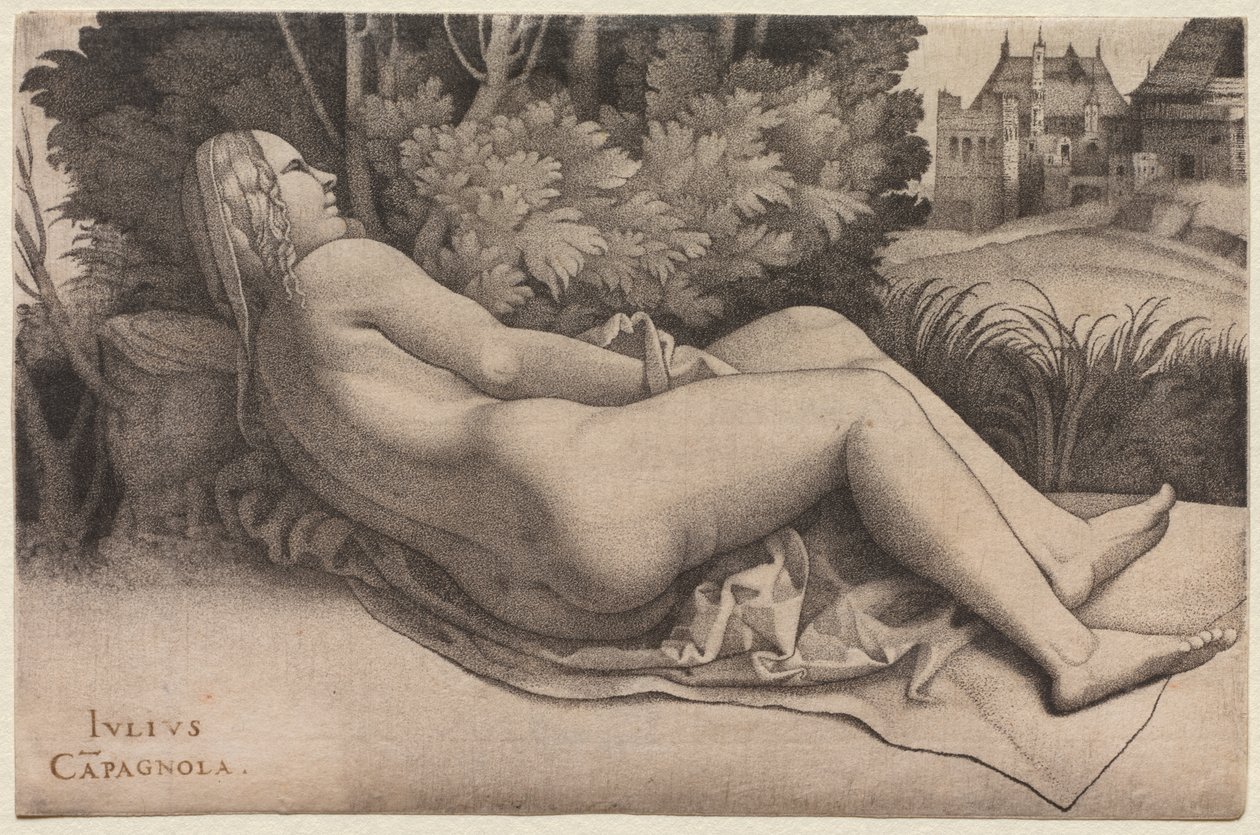 Venus liggend in een landschap, ca. 1508-09 door Giulio Campagnola