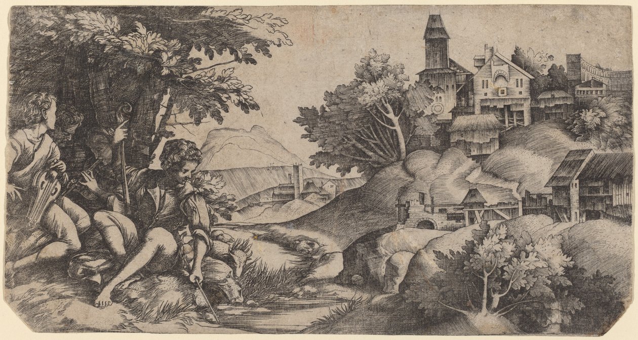 Herders in een landschap door Giulio Campagnola and Domenico Campagnola