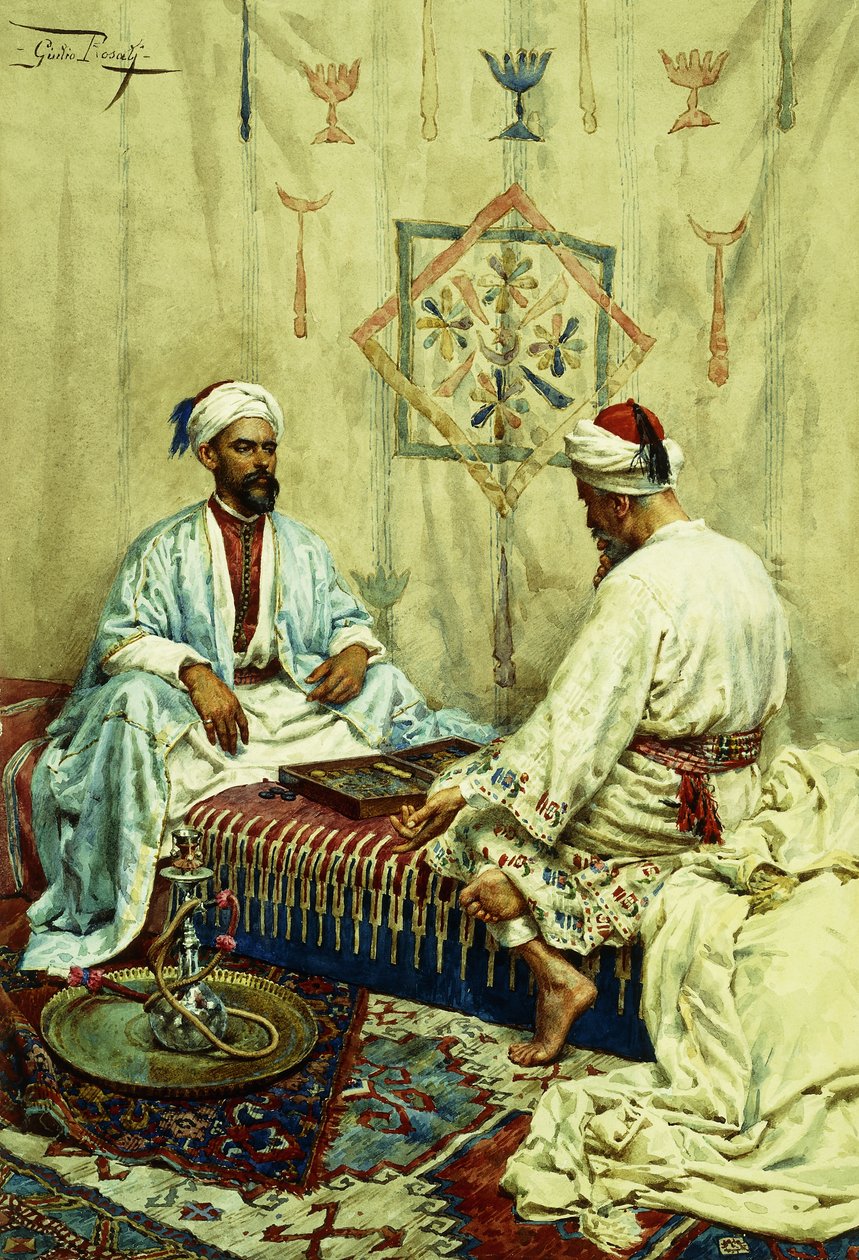 Arabieren die Backgammon spelen in een Interieur door Giulio Rosati