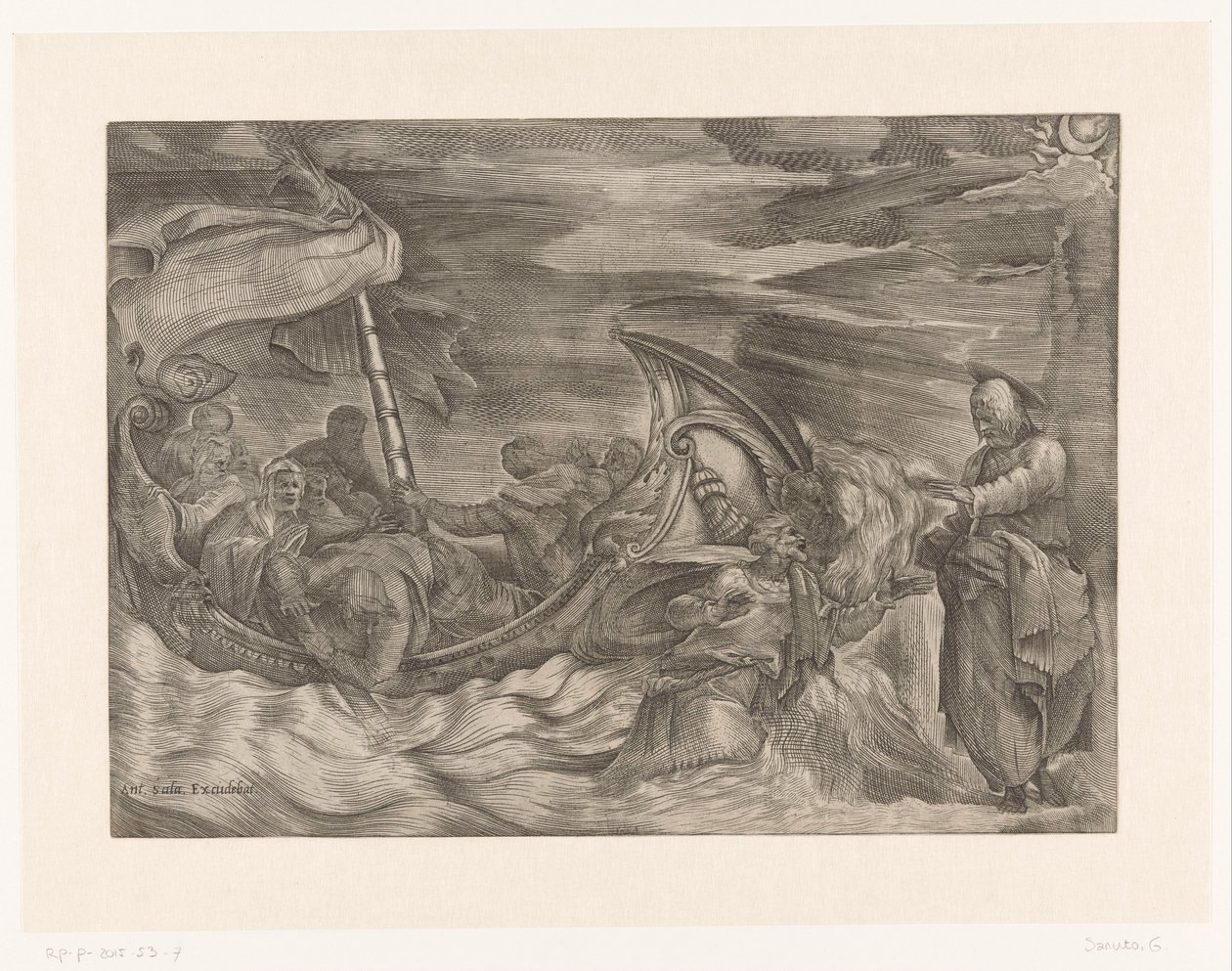 Christus lopend over het water door Giulio Sanuto (attributed to)