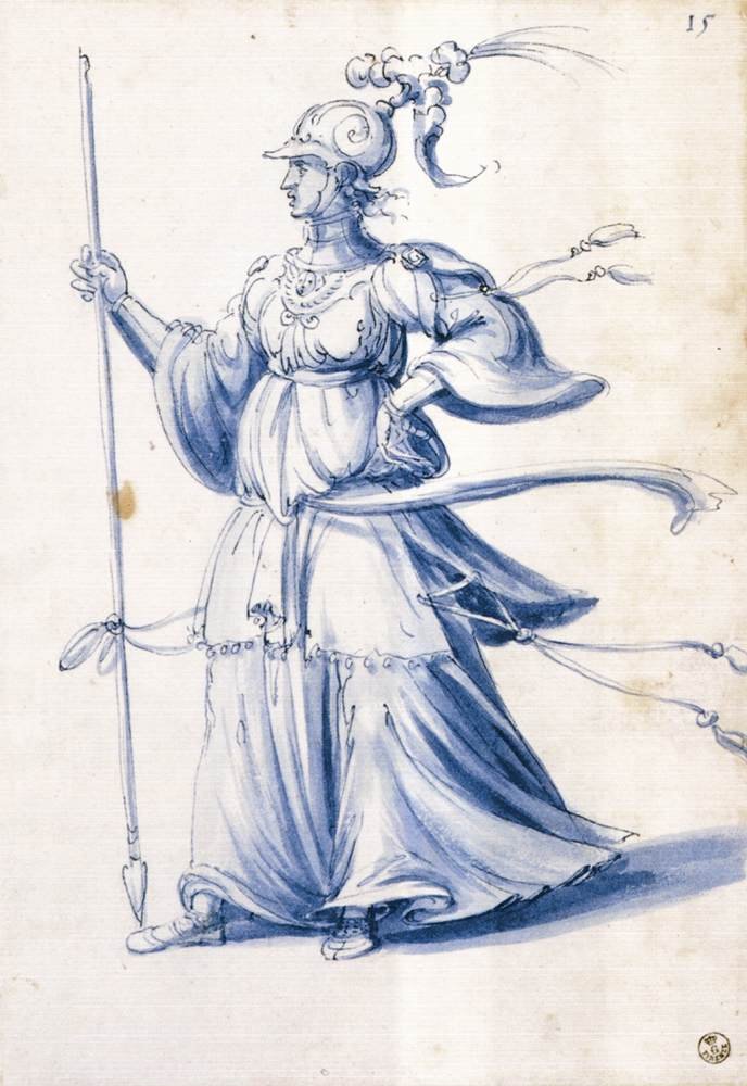 Kostuumtekening van een vrouw met lans door Giuseppe Arcimboldo
