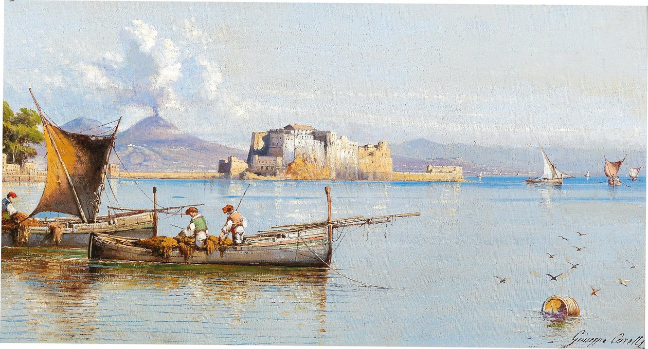 Vissers in de Golf van Napels, Vesuvius op de achtergrond door Giuseppe Carelli