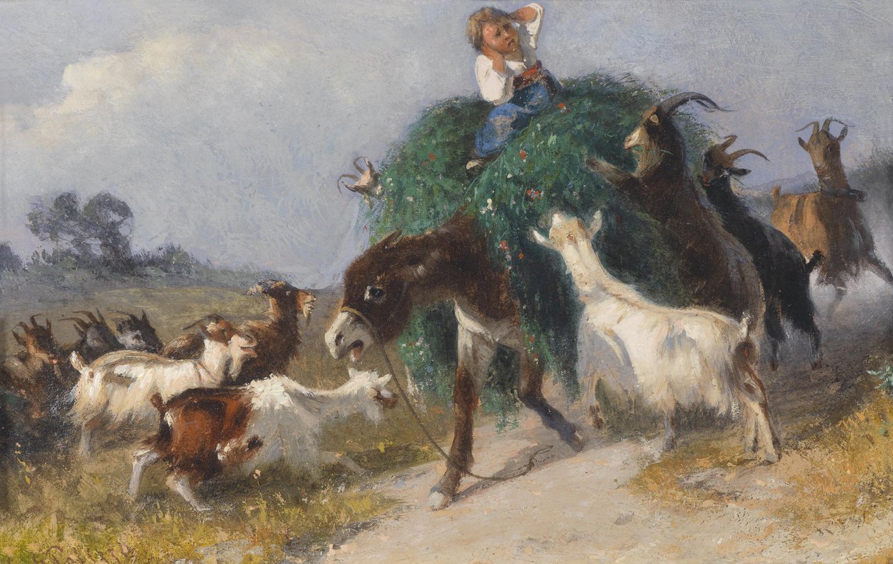 Geiten veroveren een hooikar door Giuseppe Palizzi