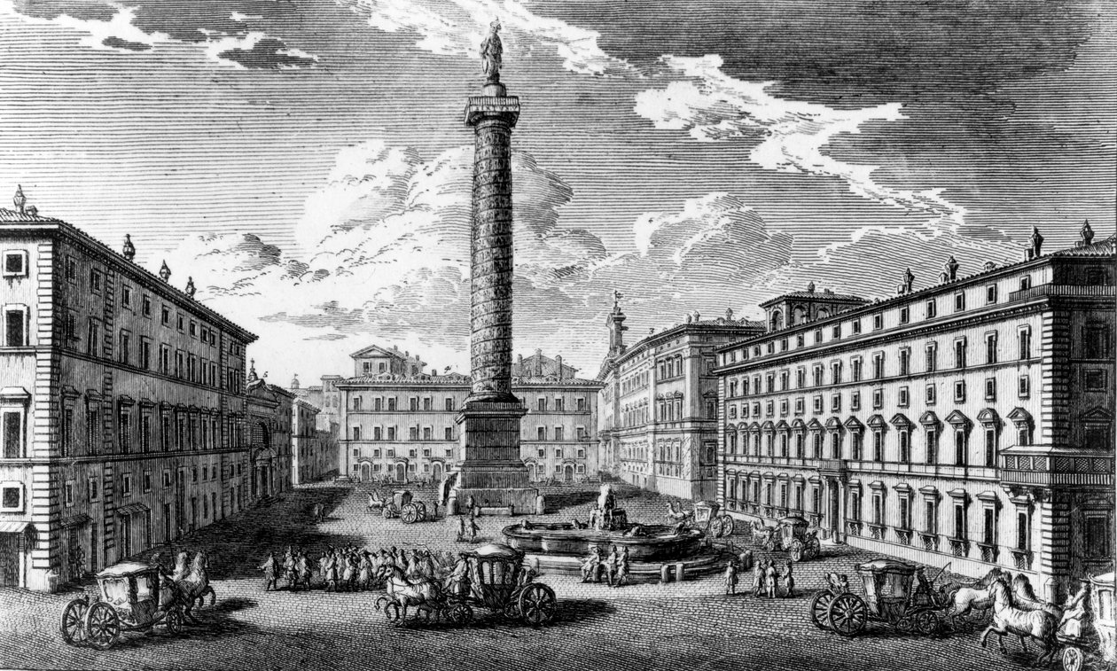 Uitzicht op Piazza Colonna, Rome door Giuseppe Vasi