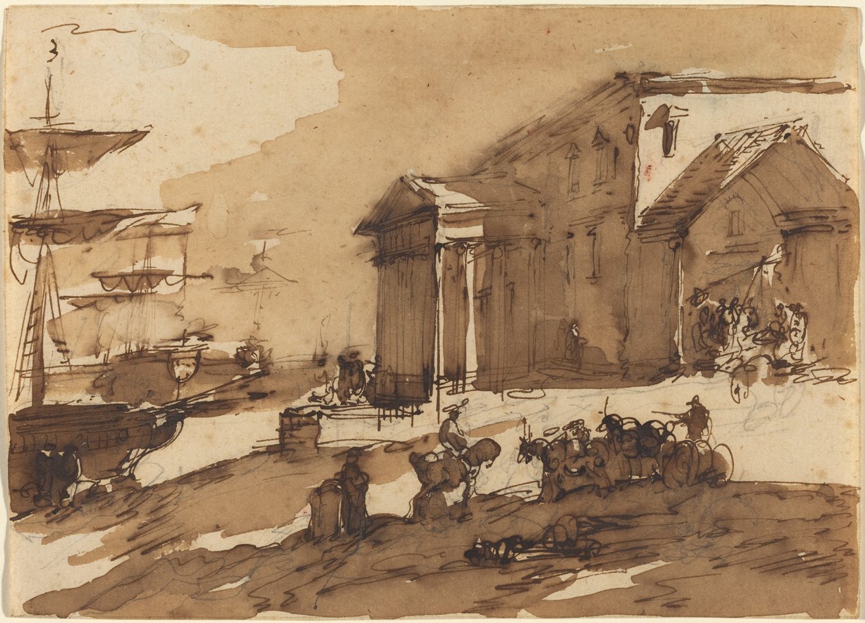 Capriccio van een Havenscène door Giuseppe Bernardino Bison