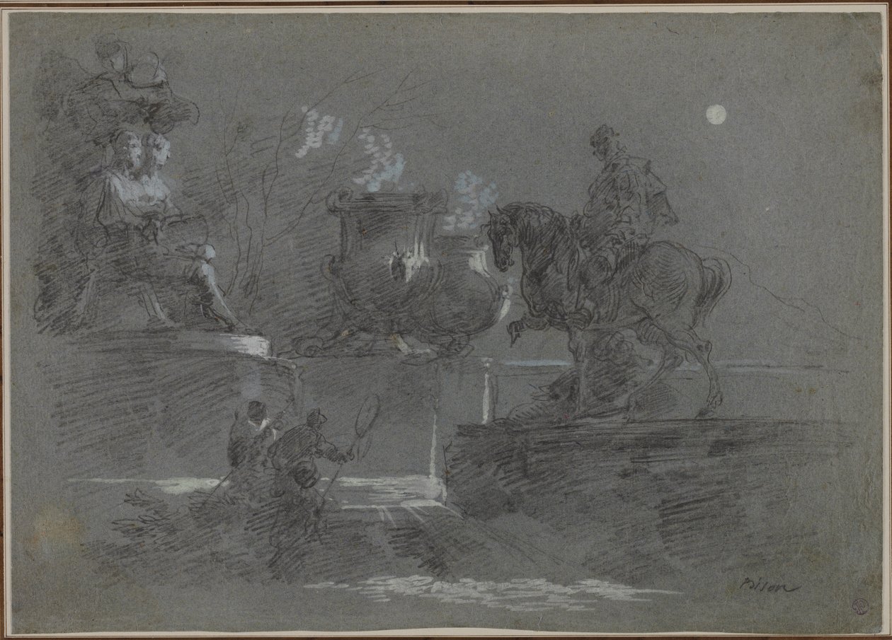 Monumentale sculptuur in een maanverlicht park door Giuseppe Bernardino Bison