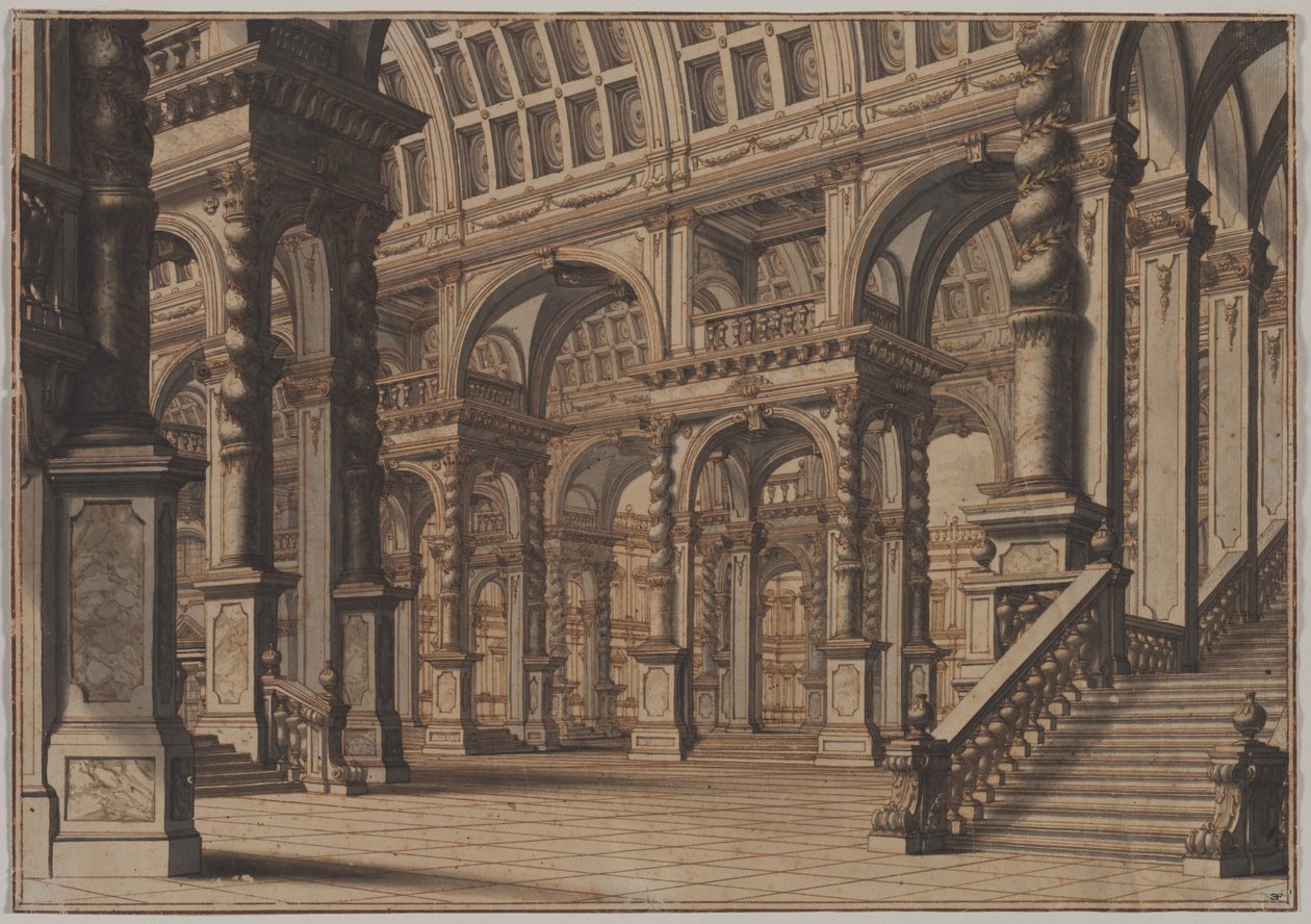 Monumentale gewelfde hal met trap door Giuseppe Galli Bibiena