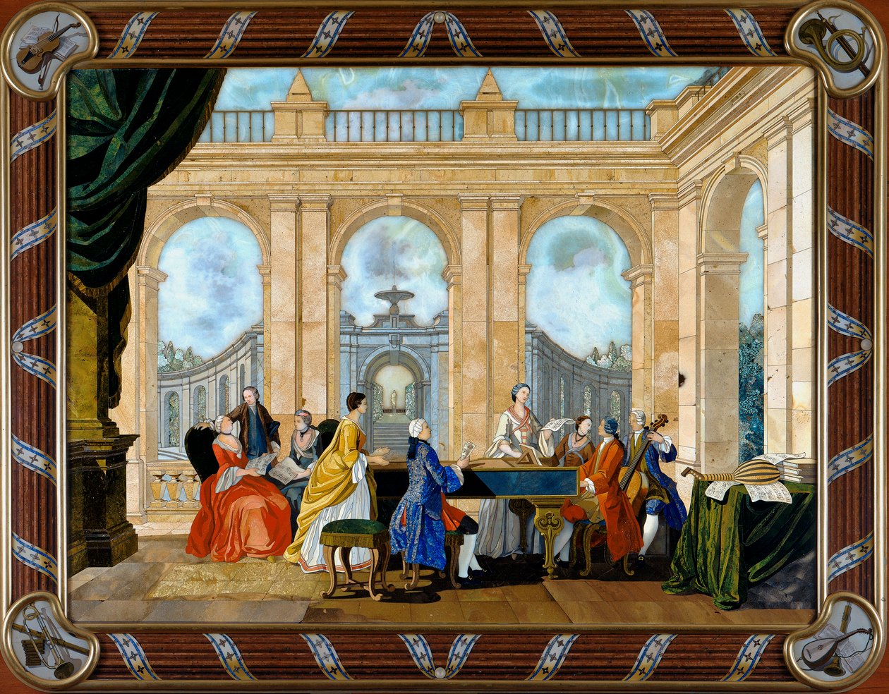 Paneel in pietra dura inlegwerk dat muziek uitbeeldt door Giuseppe Zocchi