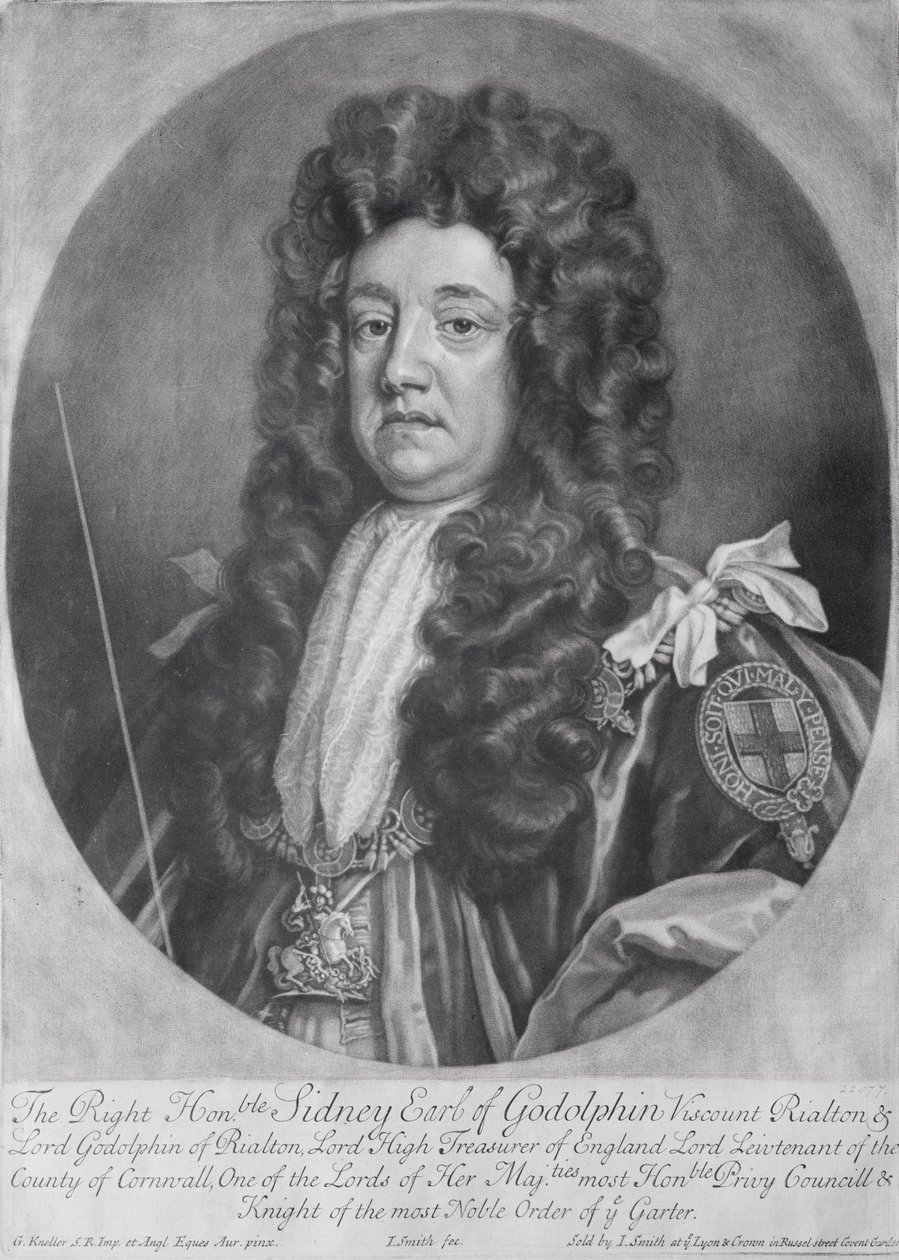 Portret van Sidney Godolphin (1645-1712) 1e Graaf van Godolphin gegraveerd en gepubliceerd door John Smith (1652-1743) 1707 door Godfrey Kneller