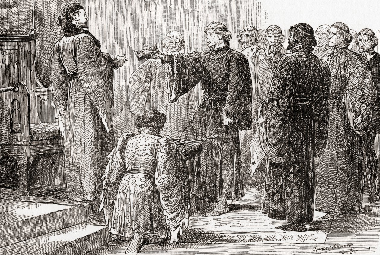 Een scène uit William Shakespeares Richard II, Act IV, Scene 1, Koning Richard: Hier, neef, grijp de kroon, uit De Werken van William Shakespeare, gepubliceerd 1896 door Gordon Frederick Browne