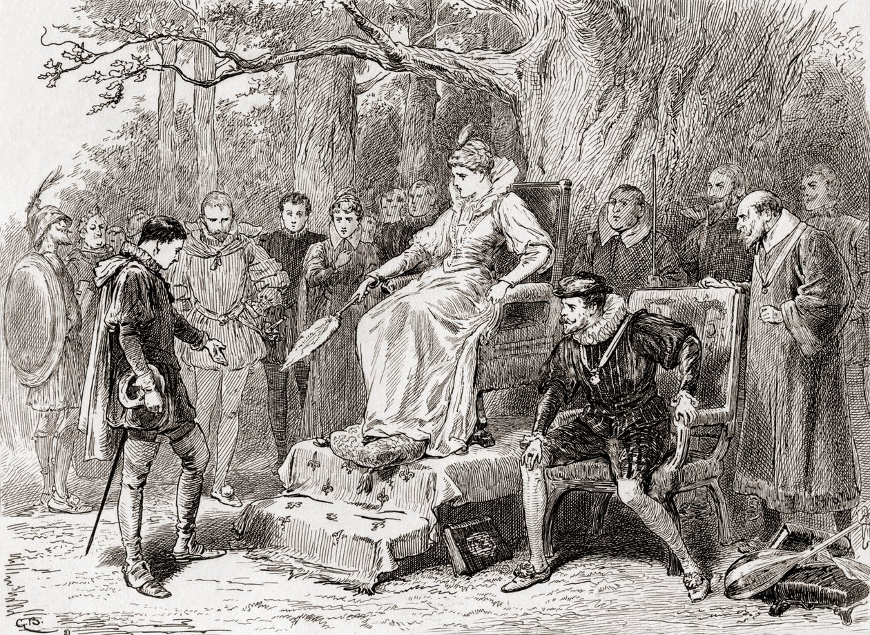 Een scène uit William Shakespeares toneelstuk Verloren Liefdesarbeid, Act V Scene 2, Mercade: Het spijt me, mevrouw; het nieuws dat ik breng is zwaar op mijn tong, uit De Werken van William Shakespeare, gepubliceerd 1896 door Gordon Frederick Browne